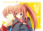  1girl bad_id bad_pixiv_id bow brother_and_sister brown_hair little_busters! long_hair natsuki_coco natsume_kyousuke natsume_rin pink_bow ponytail pout red_eyes school_uniform short_hair siblings 