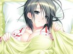  1girl bed bed_sheet black_eyes black_hair breasts cleavage game_cg highres kirishima_sakura large_breasts looking_at_viewer lying pajamas pillow sakura_sakura_festival! short_hair solo sweat 