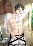  abs bad_id bad_pixiv_id belt black_hair emblem fraisee jacket levi_(shingeki_no_kyojin) male_focus muscle paradis_military_uniform shingeki_no_kyojin solo survey_corps_(emblem) sword undressing weapon 