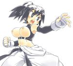  black_eyes black_hair blush borrowed_character breasts fighting_stance fingerless_gloves gloves highres kurogane_arumi large_breasts nipples open_mouth original outstretched_hand oyatsu_(mk2) short_hair simple_background solo white_background 