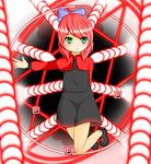  :&lt; ahoge bad_id bad_pixiv_id bow brooch capelet danmaku double_dealing_character green_eyes hair_bow highres jewelry legs_up long_sleeves looking_at_viewer magic_circle no_socks open_hand outstretched_arm power-up rainney red_hair sekibanki short_hair skirt skirt_set slim_legs solo touhou 