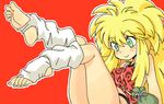  barefoot blonde_hair blush breasts character_request copyright_request feet green_eyes leg_warmers legs_up long_hair medium_breasts oyatsu_(mk2) pouch red_background simple_background smile soles solo toes 