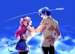  1girl angel_beats! blue_hair closed_eyes couple highres hinata_(angel_beats!) long_hair pink_eyes pink_hair school_uniform serafuku shinda_sekai_sensen_uniform short_hair two_side_up ypc yui_(angel_beats!) 