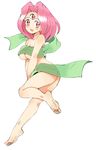  barefoot breasts feet full_body highres magical_drop medium_breasts naked_ribbon open_mouth oyatsu_(mk2) pink_eyes pink_hair ribbon simple_background smile soles solo third_eye twisted_torso white_background world_(magical_drop) 