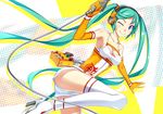  blue_eyes boots breasts cleavage elbow_gloves gloves goodsmile_company green_hair hatsune_miku headphones high_heels ike_masato long_hair medium_breasts one_eye_closed shoes smile solo thigh_boots thighhighs tools twintails very_long_hair vocaloid 