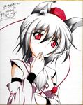  animal_ears fuyuno_taka hat inubashiri_momiji looking_at_viewer red_eyes shikishi simple_background solo tokin_hat touhou traditional_media wolf_ears 