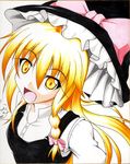  blonde_hair fuyuno_taka hat kirisame_marisa long_hair open_mouth shikishi simple_background solo touhou traditional_media witch_hat yellow_eyes 