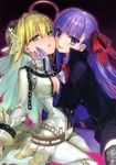  absurdres ahoge bb_(fate)_(all) bb_(fate/extra_ccc) bdsm belt between_breasts black_legwear blonde_hair bodysuit breasts buckle chain couple fate/extra fate/extra_ccc fate_(series) gloves green_eyes hair_ribbon hand_on_another's_cheek hand_on_another's_face highres hug lace lace-trimmed_thighhighs lock long_hair looking_at_viewer multiple_girls nero_claudius_(bride)_(fate) nero_claudius_(fate)_(all) padlock parted_lips purple_eyes purple_hair ribbon short_hair simple_background sitting smile thighhighs veil wada_aruko wariza white_gloves yuri zipper 