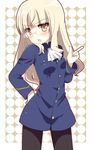  :o ascot black_legwear blonde_hair blush glasses hand_on_hip highres index_finger_raised kimoko long_hair looking_at_viewer military military_uniform open_mouth pantyhose perrine_h_clostermann solo strike_witches uniform v-shaped_eyebrows world_witches_series yellow_eyes 