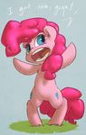  2013 atryl blue_background blue_eyes cute cutie_mark dialog english_text equine female feral friendship_is_magic fur grass hair horse invalid_tag mammal my_little_pony open_mouth pink_fur pink_hair pinkie_pie_(mlp) plain_background pony signature solo text tongue 