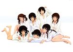  ;d amagami ayatsuji_tsukasa bare_legs barefoot black_eyes black_hair blue_eyes breasts brown_eyes brown_hair chin_rest cleavage curly_hair flat_chest hair_tucking highres kneeling knees_together_feet_apart long_hair long_legs looking_at_viewer lying morishima_haruka multiple_girls nakata_sae naked_shirt nanasaki_ai official_art on_stomach one_eye_closed open_mouth sakurai_rihoko shirt short_hair sitting sleeves_past_wrists smile tachibana_miya tachikawa_seiji tanamachi_kaoru twintails v yokozuwari 