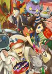  2boys :d archen blue_eyes blue_fire brown_hair cake chandelure creature drooling durant excadrill fire food gen_5_pokemon grey_hair hat haxorus joltik klink kudari_(pokemon) litwick looking_at_viewer multiple_boys nobori_(pokemon) open_mouth peaked_cap pokemon pokemon_(creature) pokemon_(game) pokemon_bw qaswed sideburns smile spikes tepig touko_(pokemon) trubbish uniform yellow_eyes 