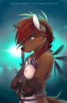  abstract_background absurd_res amber_eyes antiander breasts brown_fur brown_nose canine claws ear_piercing female fur hair hi_res looking_at_viewer mammal navel necklace nipples nude piercing red_hair short_hair smile solo standing tribal white_fur wolf 