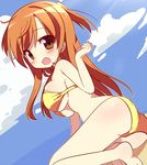  :d arm_support bikini blush breasts brown_eyes brown_hair cloud day kimoko large_breasts long_hair looking_at_viewer lying on_side open_mouth original sky smile solo swimsuit two_side_up yellow_bikini 