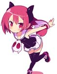  :&lt; bat_wings bent_over black_legwear blush demon_girl disgaea highres horns kimoko knees_together_feet_apart makai_senki_disgaea_3 outstretched_arms pleated_skirt pointy_ears raspberyl red_eyes red_hair sailor_collar short_hair simple_background skirt skull solo spread_arms standing standing_on_one_leg tail thighhighs white_background white_sailor_collar wings wrist_cuffs 