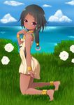  anklet bare_legs bare_shoulders barefoot blue_sky bracelet choi_mochimazzui choker cloud dark_skin day flower grass hair_ornament jewelry kneeling nature nio-nyan ocean outdoors sky soles tamako_market 