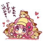  animal animal_on_head blue_eyes blush bow capelet cat cat_on_head hair_rings hat heart kamaboko_(milky_holmes) kimoko lying on_head on_stomach pink_bow pink_hair reaching sherlock_shellingford short_hair solo tantei_opera_milky_holmes too_many too_many_cats wavy_mouth 