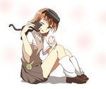  badge bison_cangshu brown_eyes brown_hair button_badge cat food head_mounted_display ice_cream misaka_imouto misaka_imouto_9982 one_eye_closed school_uniform short_hair slim_legs to_aru_kagaku_no_railgun to_aru_majutsu_no_index 