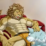  &#33980;&#26791; anthro biceps big_muscles black_nose blue_eyes blue_fur blue_hair blush boxers brown_fur brown_hair bulge canine claws couple duo fangs feline fur gay grin gripping hair holding interspecies kneeling lion male mammal muscles open_mouth orange_eyes pecs pose recliner sitting smile sofa tan_fur teeth toned tongue topless underwear white_fur white_hair wolf 