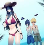  1girl beach black_hair breasts genderswap hat huge_breasts jewelry long_hair nail_polish naruto necklace red_eyes uchiha_itachi uchiha_sasuke uzumaki_naruto zokenwatarushi 