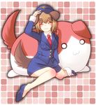  :3 ^_^ animal_ears brown_hair closed_eyes dog dog_ears dog_tail formal hat jacket kaiten_muten-maru komai_(kaiten_muten-maru) necktie o_o pencil_skirt police police_uniform policewoman shoes skirt skirt_suit solo suit tail uniform 