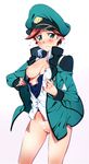  blush bottomless breasts cameltoe captain_uniform green_eyes gundam gundam_age hat highres jacket looking_at_viewer medium_breasts military military_uniform natora_einus navel niko_(tama) nipples no_bra no_pants open_clothes open_jacket open_shirt peaked_cap pussy red_hair see-through shirt short_hair solo sweat sweatdrop tears uncensored underwear undressing uniform 