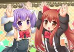  :d :o ahoge aloe_(quiz_magic_academy) animal_ears armpits bad_id bad_pixiv_id blush bow bowtie brown_eyes brown_hair cat_ears detached_sleeves hands_up long_hair looking_at_viewer mizuno_mumomo multiple_girls myu_(quiz_magic_academy) open_mouth purple_eyes purple_hair quiz_magic_academy red_neckwear short_hair smile star twintails two_side_up 