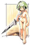  barefoot blush breasts collar full_body green_eyes green_hair medium_breasts nipples nude original outside_border oyatsu_(mk2) pubic_hair short_hair sketch solo sword weapon 