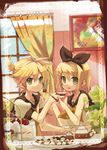  1girl bare_shoulders bass_clef blonde_hair brother_and_sister cake checkerboard_cookie cookie cup curtains feeding food fork fruit green_eyes hair_ornament hair_ribbon hairclip hekicha highres indoors kagamine_len kagamine_rin necktie open_mouth ponytail ribbon sailor_collar short_hair siblings smile strawberry strawberry_shortcake tea tea_set teacup teapot tiered_tray treble_clef twins vocaloid window 