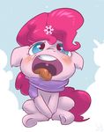  atryl blue_eyes blue_sky blush cute equine female feral friendship_is_magic fur hair horse mammal my_little_pony open_mouth pink_fur pink_hair pinkie_pie_(mlp) pony scarf signature sitting snow snowflake solo tongue 