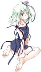  bangs bare_legs barefoot blue_dress blush breasts closed_mouth collarbone dress expressionless eyebrows_visible_through_hair feet flower fragile:_sayonara_tsuki_no_haikyo full_body green_eyes green_hair hair_between_eyes hair_flower hair_ornament hair_over_one_eye looking_at_viewer no_bra oyatsu_(mk2) purple_eyes purple_flower ren_(fragile) shirt short_hair simple_background sitting small_breasts soles solo tied_shirt toes twisted_torso wariza white_background 