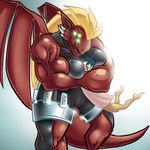  armor biceps big_breasts blonde_hair blue_hair breasts clothing dragon farkhan female flexing glowing glowing_eyes hair human invalid_tag male mammal multiple_eyes muscles muscular_female open_mouth plain_background red_skin reptile scales scalie standing suit teeth vein wide_eyed wide_eyes wings 