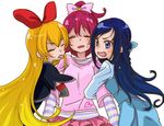  8041mm :p aida_mana arm_hug blonde_hair blue_eyes blue_hair bow braid closed_eyes cropped_jacket dokidoki!_precure double_arm_hug dress girl_sandwich hair_bow half_updo hishikawa_rikka human_tug_of_war jacket long_hair multiple_girls open_mouth pink_hair precure regina_(dokidoki!_precure) sandwiched skirt sweatdrop tongue tongue_out yuri 