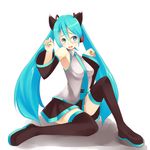  animal_ears aqua_eyes aqua_hair boots detached_sleeves hatsune_miku headphones long_hair minase_nagi necktie open_mouth paw_pose sitting skirt solo thigh_boots thighhighs twintails very_long_hair vocaloid 