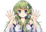  :o against_fourth_wall against_glass blue_eyes blush breasts detached_sleeves fourth_wall frog_hair_ornament green_hair hair_ornament hair_tubes hand_on_glass hands kochiya_sanae large_breasts long_hair snake_hair_ornament solo touhou transparent_background upper_body yezhi_na 