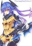  arm_blade armor blue_hair blush bodysuit breasts covered_navel gradient_hair groin highres medium_breasts multicolored_hair open_mouth orange_bodysuit phantasy_star phantasy_star_online_2 quna_(pso2) weapon yellow_eyes yosugara_shou zelsius 