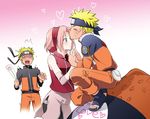  1girl 2boys age_difference blonde_hair blue_eyes blush child dual_persona eyes_closed flower forehead_kiss gamabunta green_eyes haruno_sakura headband heart kiss multiple_boys nanji3 naruto o_o older pink_hair time_paradox toad uzumaki_naruto young younger 