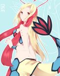  antennae blonde_hair blue_background breasts butt_crack gen_3_pokemon highres long_hair looking_back medium_breasts milotic multicolored_hair personification pink_hair pokemon red_eyes solo tail takeshima_(nia) two-tone_hair 