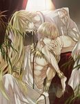  alcohol androgynous anklet armlet barefoot blonde_hair chiton earrings enkidu_(fate/strange_fake) fate/strange_fake fate/zero fate_(series) gilgamesh green_eyes green_hair hoshii_hisa jewelry legs long_hair male_focus multiple_boys muscle necklace robe spill toga wine 