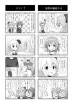  &gt;_&lt; 4koma 5girls ? alternate_costume animal_ears antennae bag blush bow cato_(monocatienus) checkered checkered_background cirno closed_eyes collarbone comic daiyousei emphasis_lines greyscale grin hair_bow hair_ribbon highres ice ice_wings is_that_so monochrome multiple_4koma multiple_girls mystia_lorelei o_o open_mouth ribbon rumia short_hair smile team_9 tears touhou translated tree wings wriggle_nightbug 