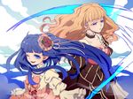  beatrice blonde_hair blue_eyes blue_hair bow choker dress flower furudo_erika hair_down hair_flower hair_ornament highres holding holding_scythe multiple_girls niso one_eye_closed pink_bow scythe twintails umineko_no_naku_koro_ni wavy_hair wide_sleeves 