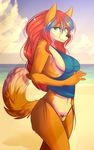  beach breasts canine clothing cloud clouds dyed_hair female fox grace_kaiser hair mammal midriff outside red_hair sand seaside shirt sky solo swimsuit teal_eyes water 