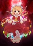  ascot blonde_hair flandre_scarlet full_moon hat hat_ribbon jumping looking_at_viewer mob_cap moon open_mouth puffy_sleeves red_eyes red_moon ribbon shiika_yuno shirt short_sleeves side_ponytail skirt skirt_set smile solo touhou vest wings wrist_cuffs 