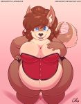  2018 5_fingers anthro belly big_belly big_breasts big_thighs blue_eyes blush breasts brown_hair canine cleavage clothed clothing corset digital_media_(artwork) dog ear_piercing eyeshadow female front_view fur hair hairband hand_on_breast hand_on_hip hands_behind_head high-angle_view huge_hips inner_ear_fluff lingerie looking_at_viewer looking_up makeup mammal mary_blissany nekocrispy open_mouth open_smile overweight overweight_female panties piercing smile solo standing teeth thick_thighs tuft underwear url voluptuous wide_hips 