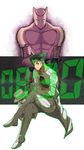  achi_dyna black_hair clock digital_clock earrings green_eyes headband heaven's_door jewelry jojo_no_kimyou_na_bouken killer_queen kishibe_rohan long_coat midriff multiple_boys stand_(jojo) static 