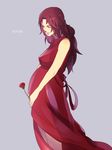  1girl black_hair breasts character_name dress eyes_closed flower grey_background haru_(uchimada) holding long_hair naruto pregnant red_dress simple_background sleeveless sleeveless_dress smile solo standing yuuhi_kurenai zifletts 