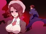  1girl armband breasts brown_hair coat empty_eyes hands_in_pockets hat highres juliet_sleeves large_breasts long_sleeves looking_back niso puffy_sleeves purple_eyes shannon smile umineko_no_naku_koro_ni wavy_hair willard_h_wright yellow_eyes 