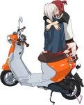  2girls eyes_closed hidarikiki hug kiss long_hair motor_vehicle motorcycle multiple_girls original red_hair vehicle white_hair yuri 