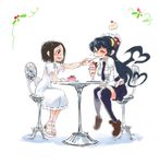  black_hair black_legwear breasts brown_hair cake carol_(skullgirls) closed_eyes dress expressive_hair feeding filia_(skullgirls) food fork ice_cream large_breasts multiple_girls necktie painwheel_(skullgirls) prehensile_hair red_eyes samson_(skullgirls) school_uniform short_hair skullgirls smile spoilers stitches sundae thighhighs veins white_dress yuriyuri_(ccc) zettai_ryouiki 