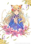  animal_ears artist_name bad_id bad_pixiv_id blonde_hair bow dress flower green_eyes hair_bow hair_flower hair_ornament hands_together leaf lily_(flower) long_hair original parted_lips plant rosary solo tob watermark web_address 